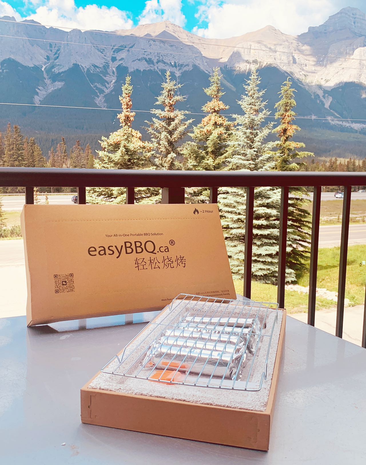 EasyBBQ grill with a mountain view